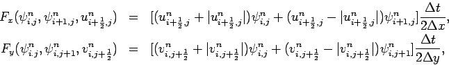 \begin{eqnarray*}
F_{x}(\psi _{i,j}^{n},\psi _{i+1,j}^{n},u_{i+\frac{1}{2},j}^{...
...}{2}}^{n}\vert)\psi _{i,j+1}^{n}]
\frac{\Delta t}{2\Delta y},
\end{eqnarray*}